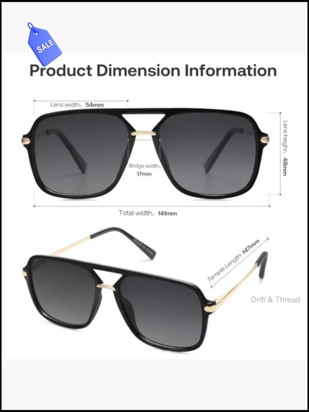 Polarized Square Aviator Sunglasses UV400 Unisex Retro Double Bar